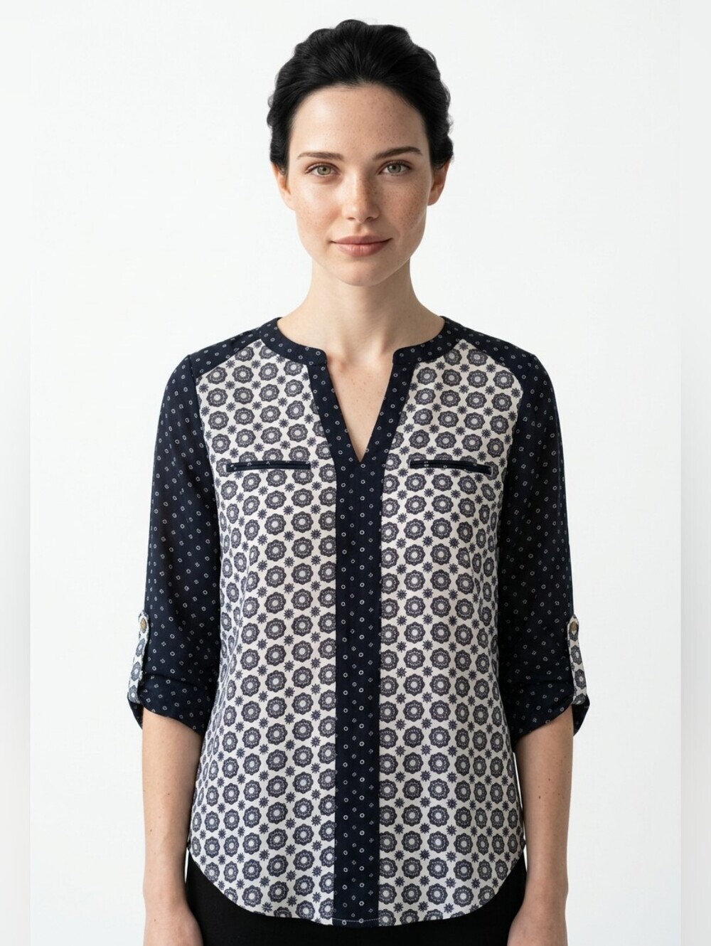 Simons Navy and White Printed Split-Neck Blouse